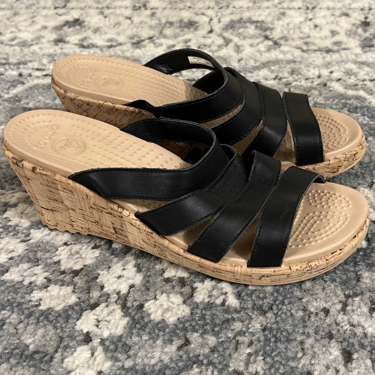 Crocs A Leigh Wedge Strappy Slip On Heel Shoe Cork Leather SANDAL