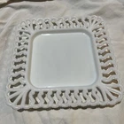 VINTAGE WESTMORELAND MILK GLASS SQUARE PLATE, S REPEAT LACE EDGE, 8.5 INCHES