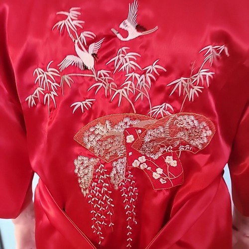 Vintage Asian Robe Red 100% Silk Embroidered Crane Birds Fans XL Mei Gui Long