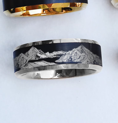 Men's Engraved Minimal 3D Mountain Lines Landscape Scene Wedding Ring - 8mm Wide