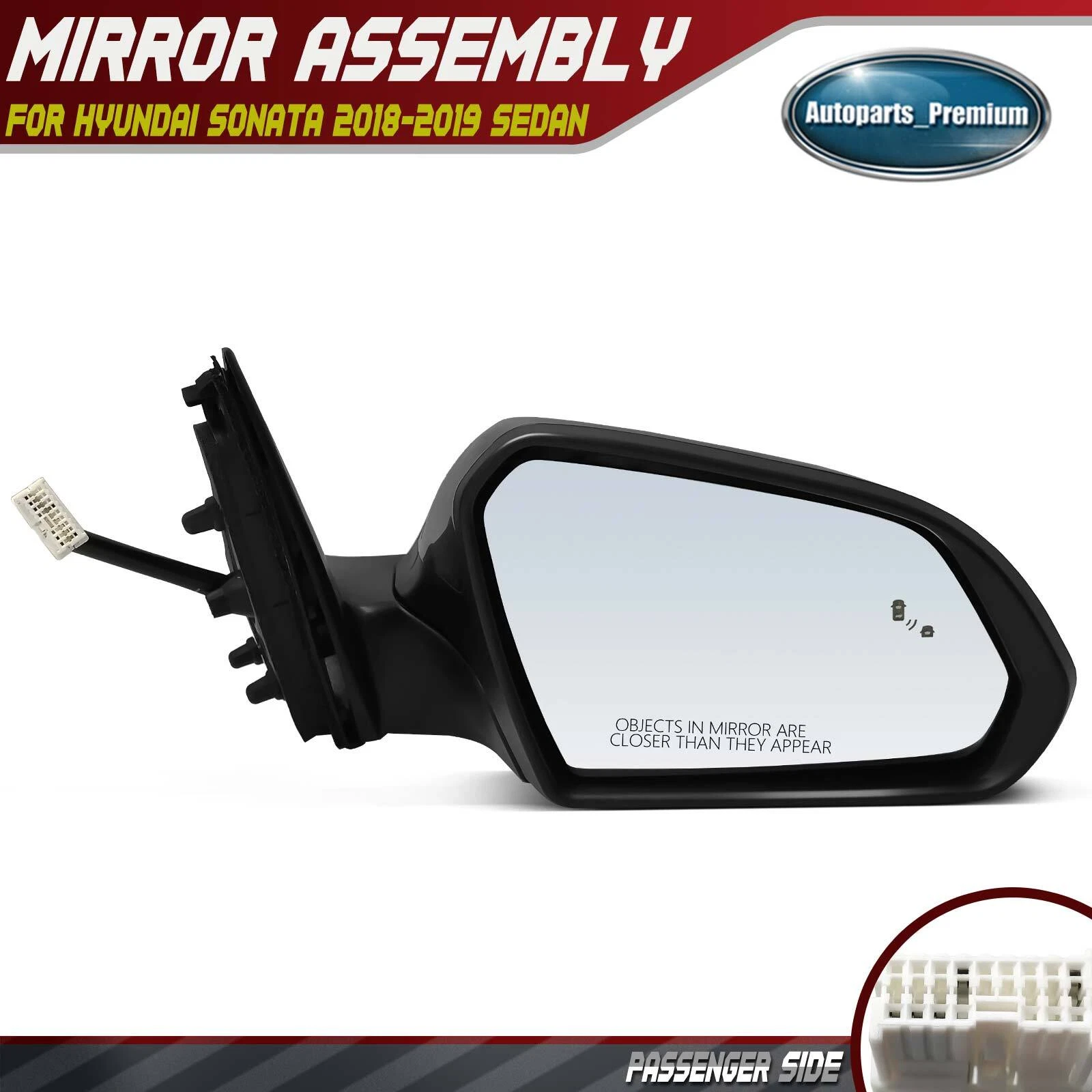Passenger Side Black Power Mirror w/ Manual Folding for Hyundai Sonata 2018-2019