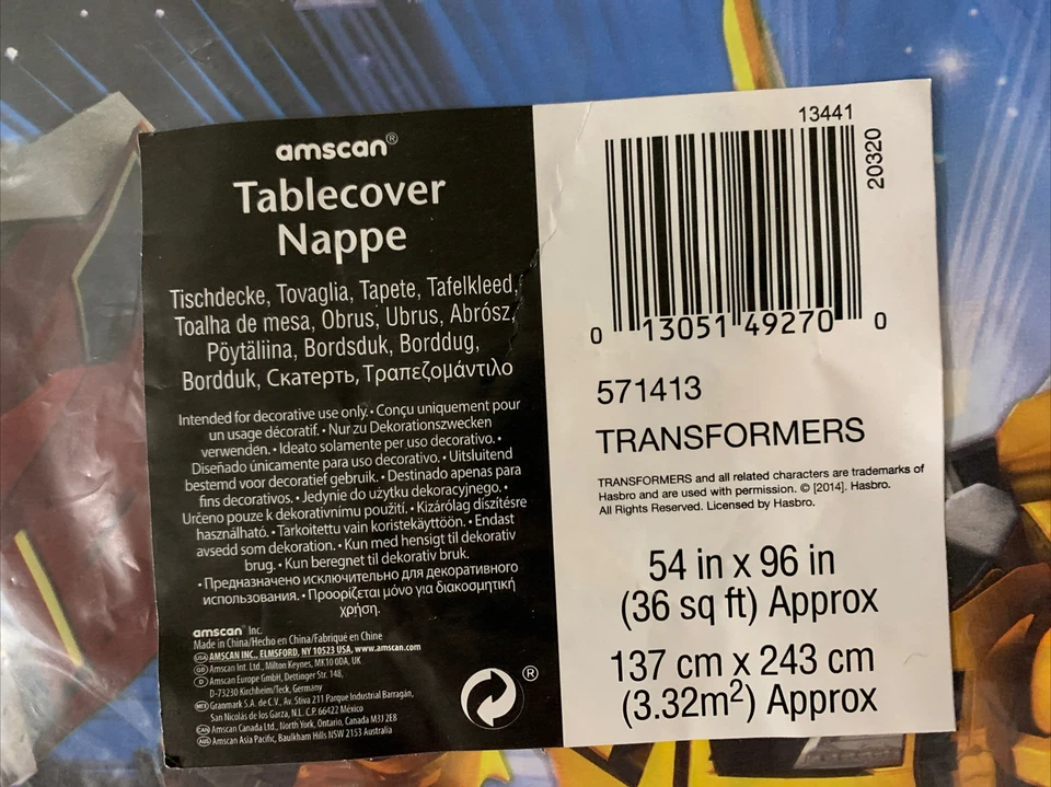 Cubierta de mantel de plástico Transformers 1 pieza 54x96 Optimus Prime Bumblebee 2014 Foto 2 de 4