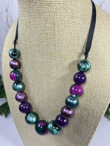 Statement Chunky Green & Purple Bead Cord Necklace 1424 - Picture 4 of 12