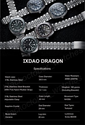 IPOSE IXDAO Dragon NH35 Diver 200M Automatic Watch 39.5mm BGW9