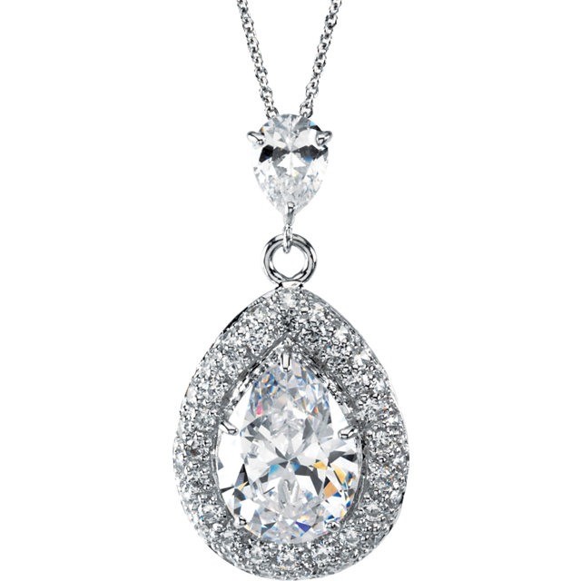 2.5ct Pear Shape Lab Created Moissanite Halo Pendant 18" Necklace in Sterling