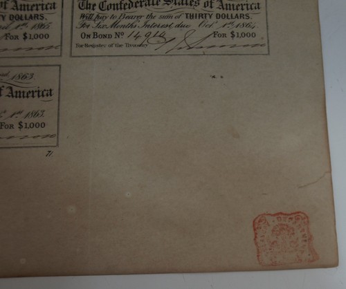 Original CSA Civil War Bond, Govt Building, $1000 #14910 (COMPLETE SHEET) - Picture 7 of 11