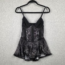 Corset Teddy bodysuit Womens M Black Lace Animal Print Babydoll Lingerie Sheer