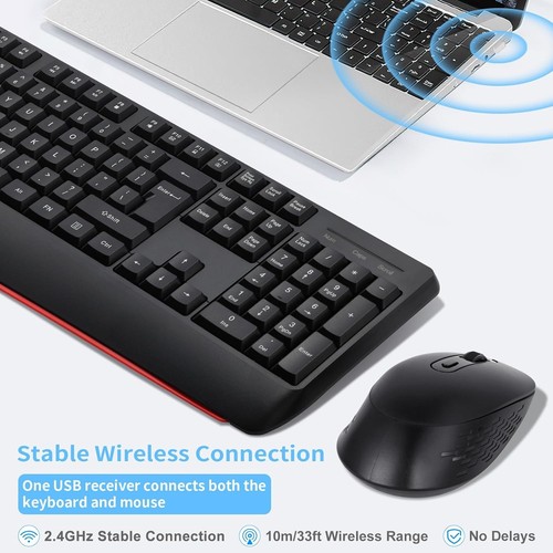 Wireless Keyboard and Mouse Combo, 2.4G Full-Size Ergonomic Black red - Picture 4 of 7