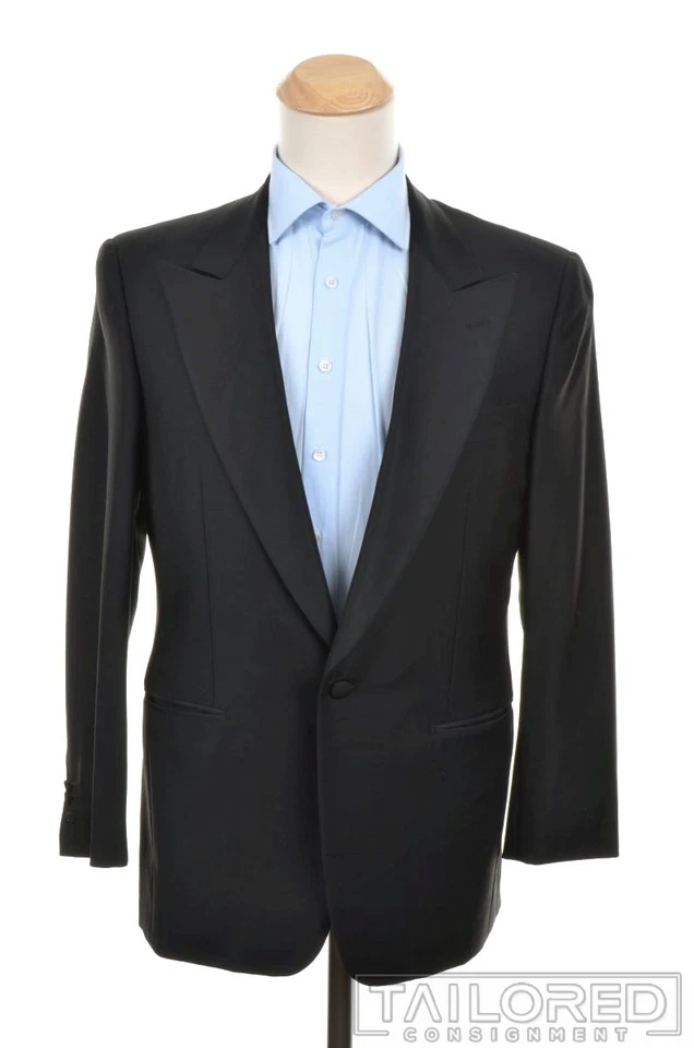 Chaqueta para fumar esmoquin con solapa de pico de lana grosgrain negra lisa Borrelli - 40 R Foto 2 de 4