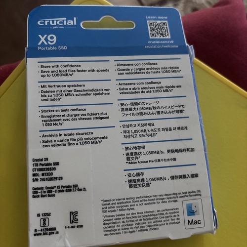Crucial X9 1TB Portable SSD - Up to 1050MB/s Read - PC and Mac, Lightweight - Afbeelding 2 van 2