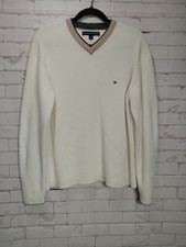 Tommy Hilfiger Men's Large Sweater Ribbed Pullover Knit White/Tan Office Dadcore