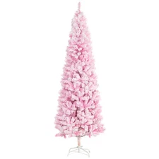 HOMCOM 7.5' Pink Snow Flocked Slim Artificial Christmas Tree