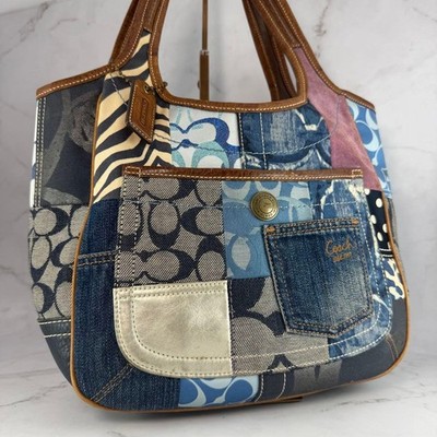 COACH 10810 Patchwork Tote Bag Signature Denim Leder Zebra Y2K Blau Damen
