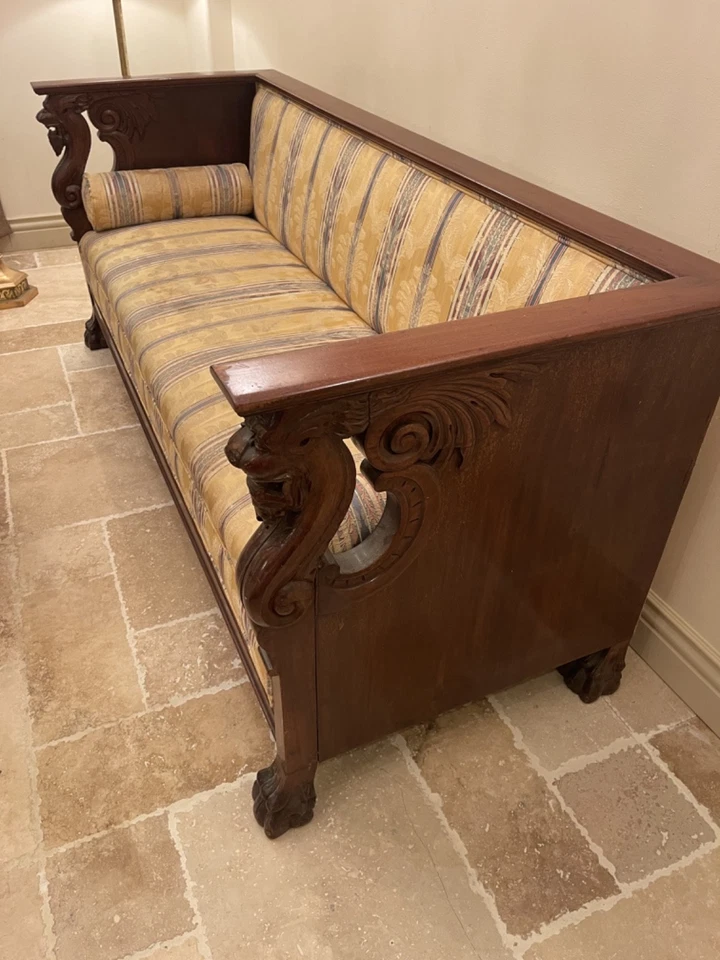 Early 20th Century French hand-carved Mahogany Damask Griffin Dragon Settee - Image 3 of 4