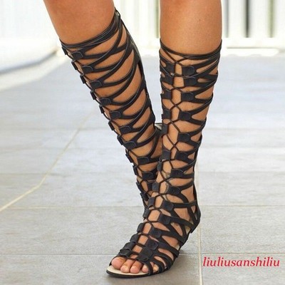 Women Knee High Gladiator Sandals Strappy Beach Flat Shoes Cut Out Lace Up Boots