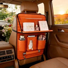 QIANKUNBAG Car Back Seat Organizer, Black Woven Leather Storage Bag, Orange