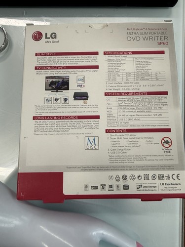 LG SP60NB50 External DVD-Writer Ultra-Slim Portable Mac PC Tested SP60 M NIB - Afbeelding 4 van 4