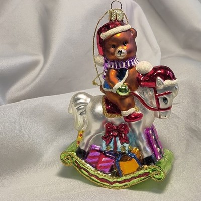 Handmade Mold Blown Summit Christmas Ornament Teddy Bear on Rocking Hourse Gifts