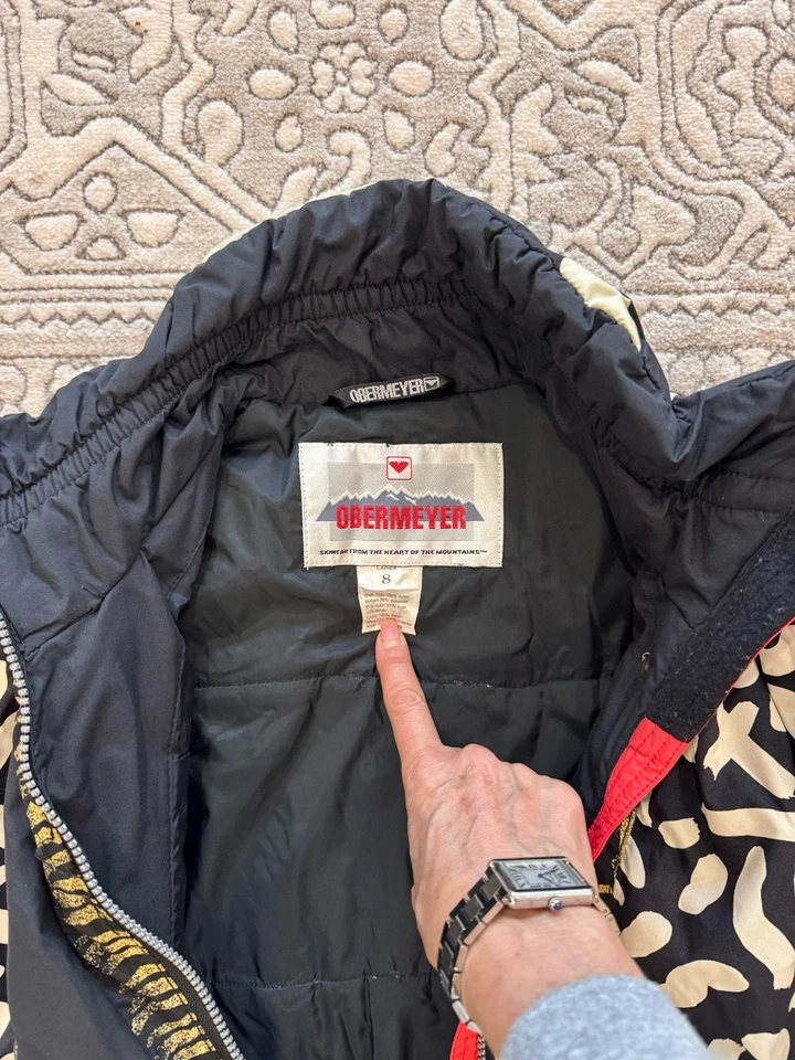 Traje de esquí vintage Obermeyer estampado leopardo negro y dorado, una pieza, talla 8 Foto 3 de 4