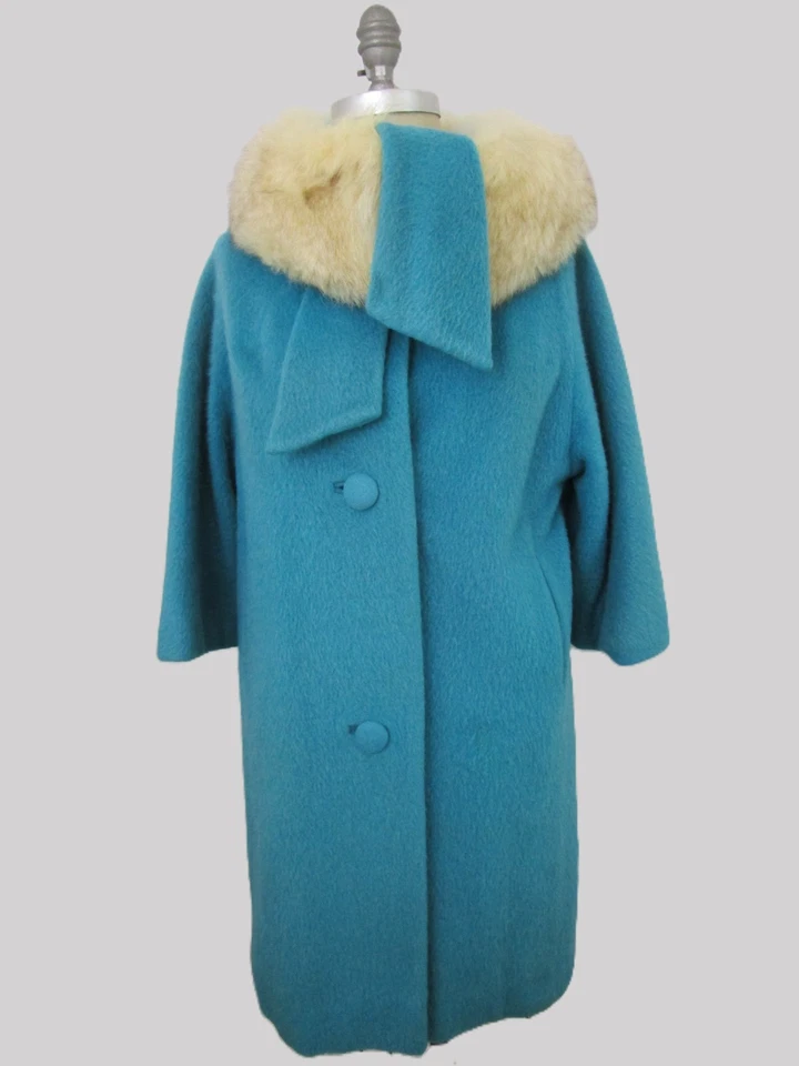 M/L Lilli Ann Luxury vintage 60s Teal Coat Fox Fur Collar Leather Gloves - Image 4 of 4