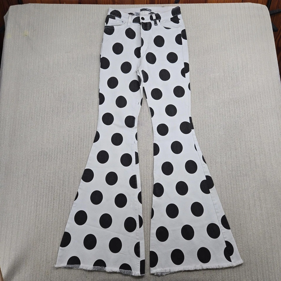 Fashion Nova Pants Womens 5 Black White Polka Dot Flare Bell Bottom Retro Jeans - Image 2 of 4