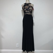 Morgan & Co. Black Gold Sequin Floral Strappy Back Halter Gown Dress Juniors 3/4