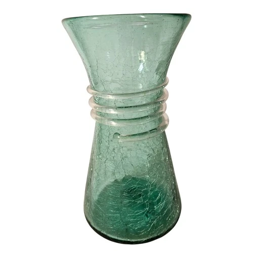Vintage Blenko Crackle Glass Vase Blue Green Seafoam MCM Hand Blown
