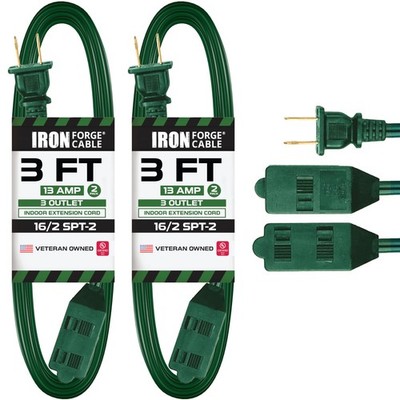 2 Pack 3 FT Green Extension Cord 2 Prong 3 Outlets 16/2 Indoor 13A Cable