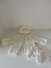Vtg Hand crocheted newborn sweater hat and baby socks white