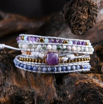 Square Amethyst Stone 5-Layer Beaded Adjustable Rope Wrap Bracelet Tree Button 