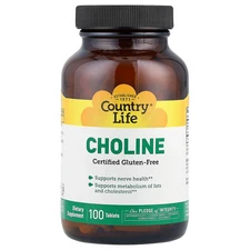 Country Life Choline 100 Tablets Gluten-Free, GMP Quality Assured, Kosher,