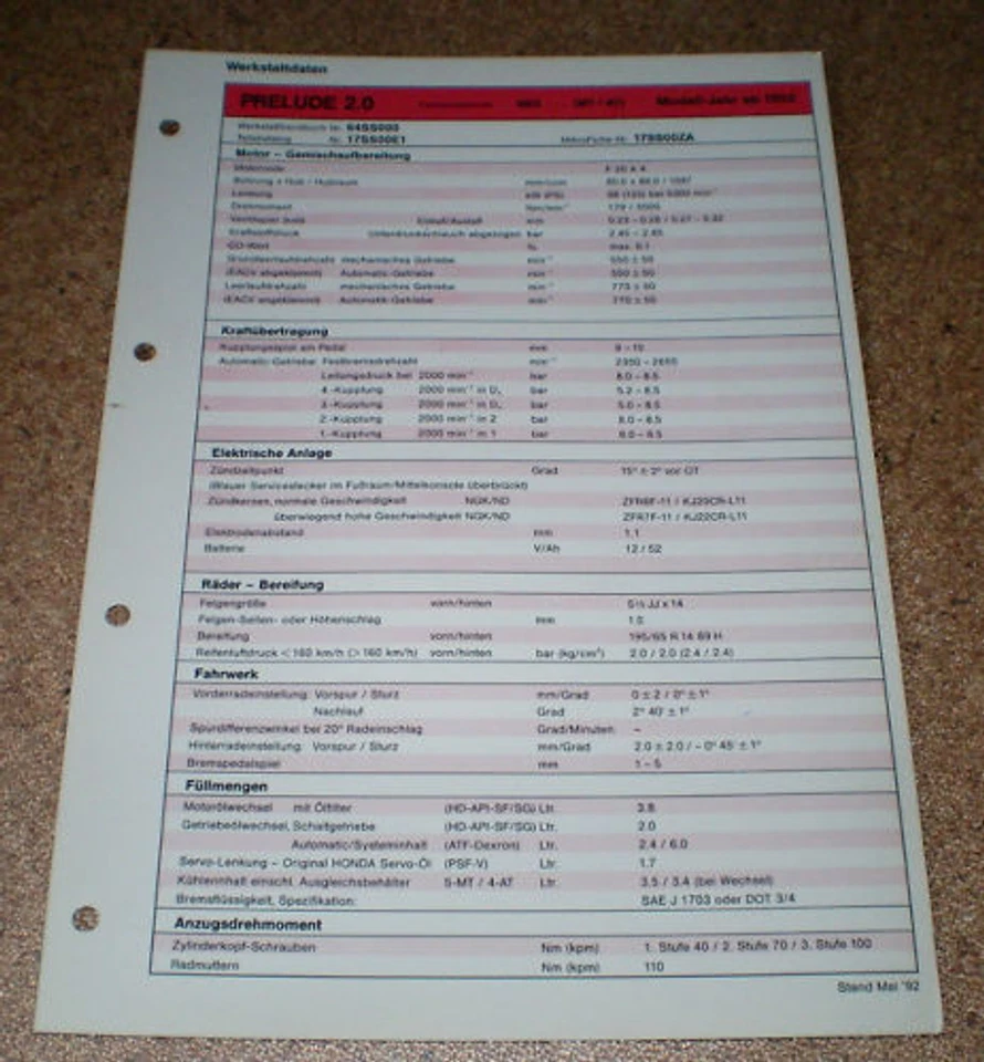 Feuille D'Inspection Honda Prelude 2.0 - À Partir De L'Année Modèle 1992! - Photo 1/1