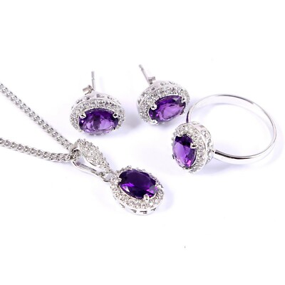Amethyst Ring Earrings Pendant Oval Matching Jewelry Set 925