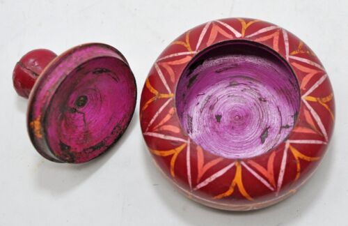 Antique Wooden Kum Kum Powder Tika Box Original Old Hand Carved Lacquer Painted - Picture 5 of 6
