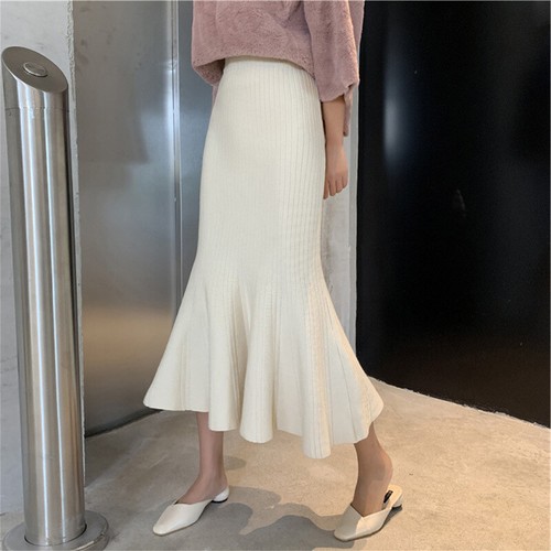 Women Slim Fit Elegant Dress High Waist Knitted Ruffles Long Fishtail Skirt - Picture 2 of 5