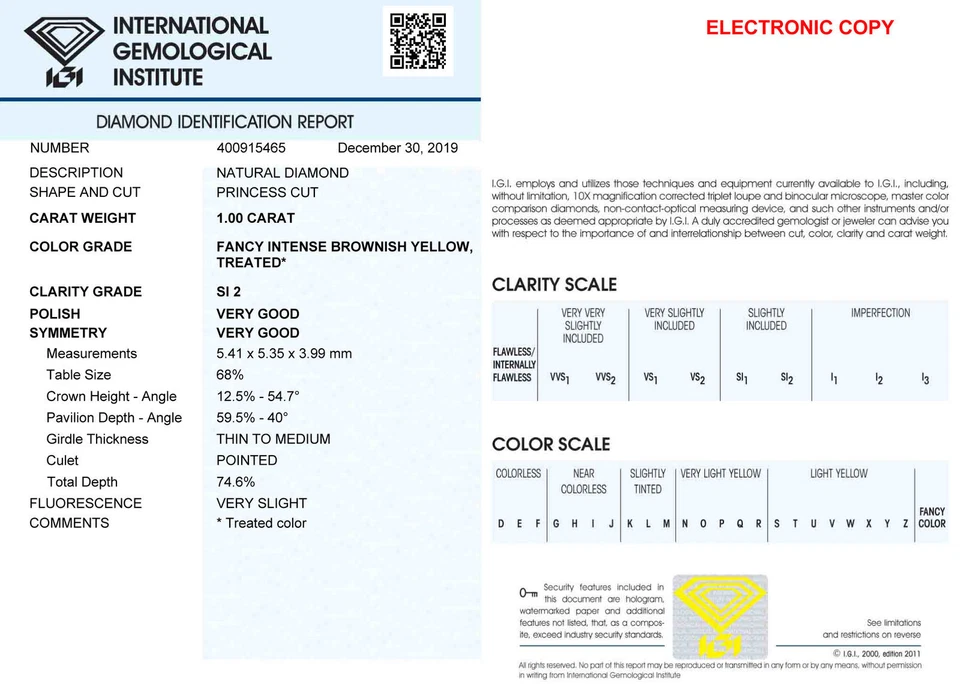 Colgante solitario de diamantes de 1 quilate con forma de princesa natural tratado amarillo 14K SI2 Foto 3 de 4