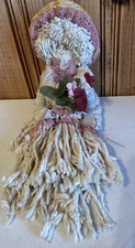 Vintage Handmade Mop Head Doll 21" With Straw Hat, Flowers home decor  G7