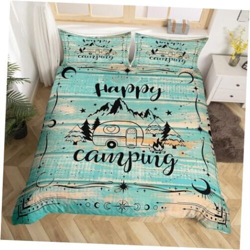 Happy Camping Comforter Cover Rustic Camper Bedding Sets for Queen Camping 40