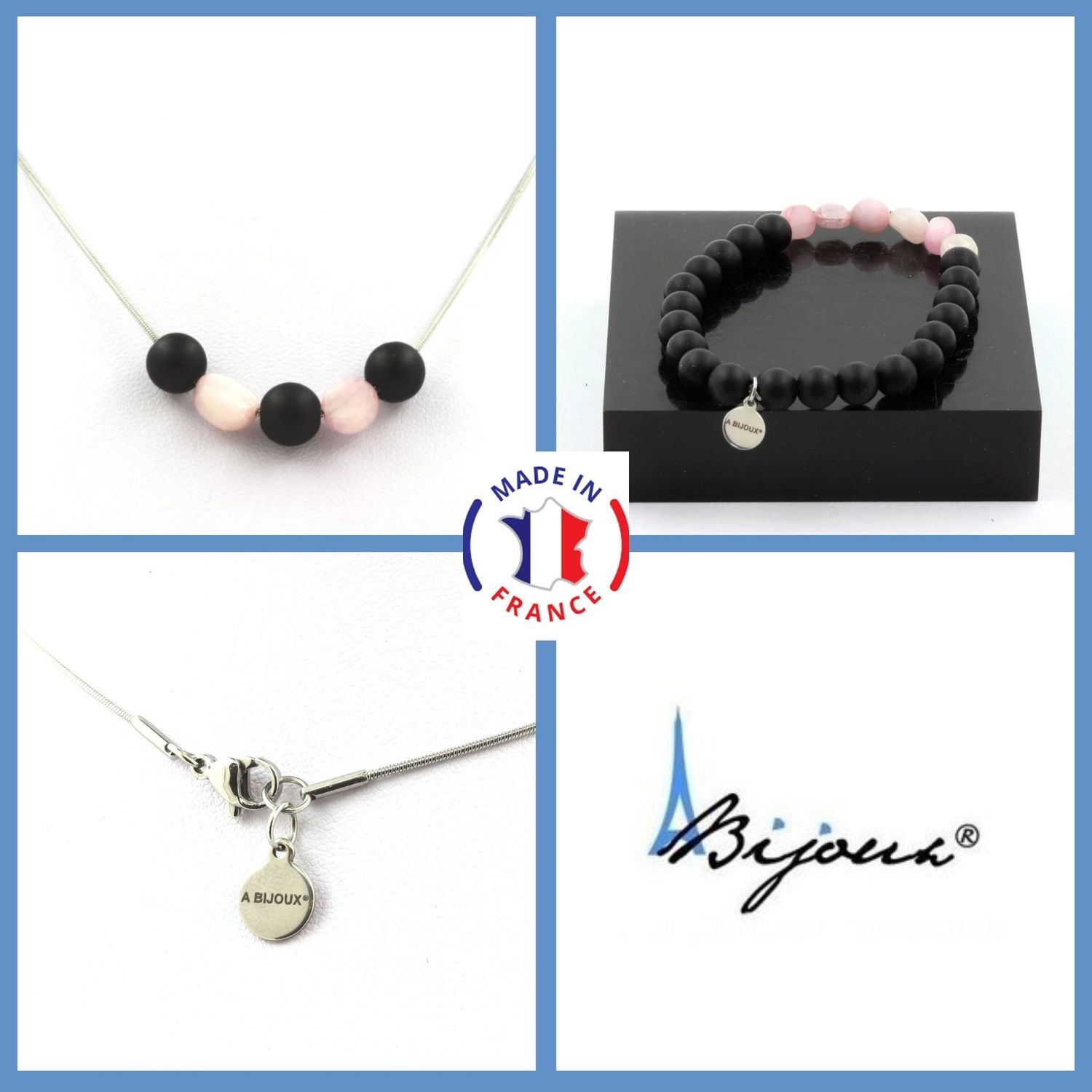 Parure bijoux onyx noir mat 8 mm et kunzite le cadeau idéal pour femme et homme