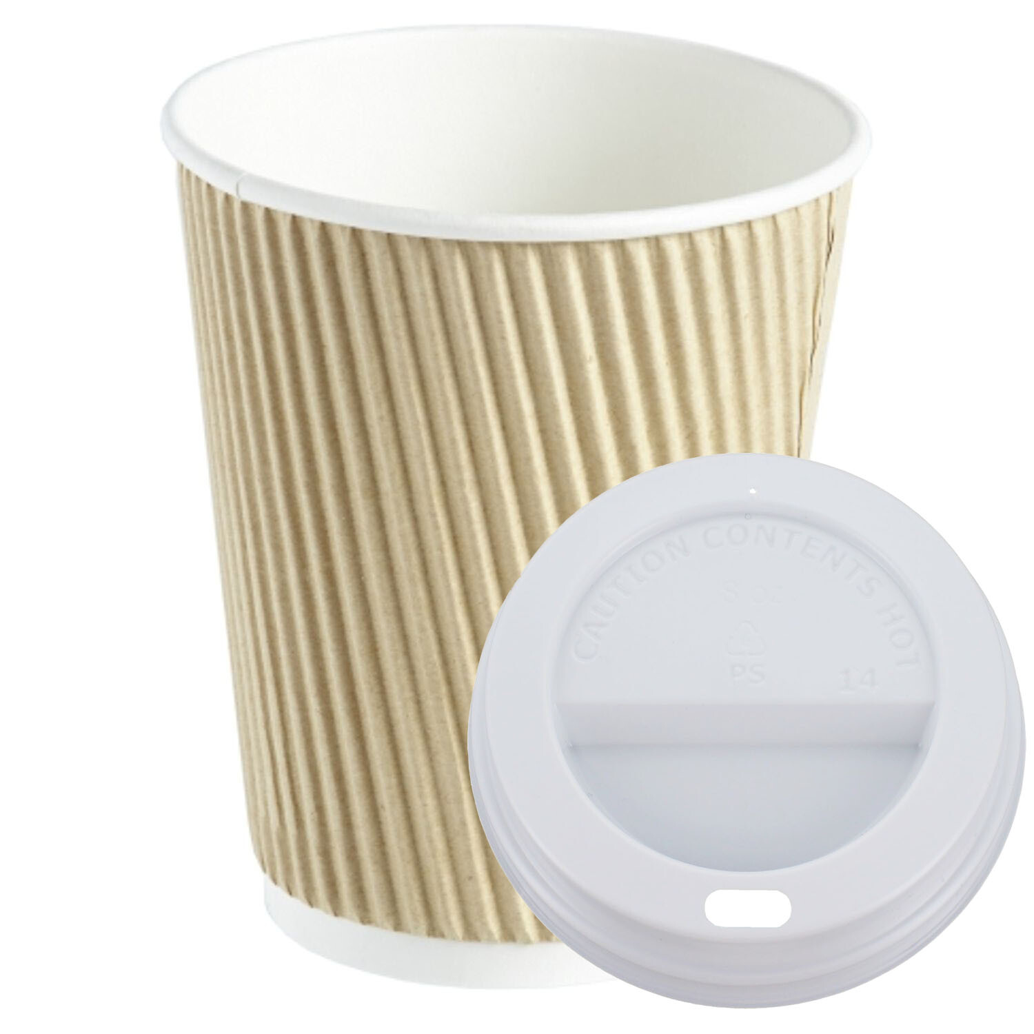 Deli Supplies 100 x 12oz Ripple Brown Kraft Cups & White Lid Disposable Paper