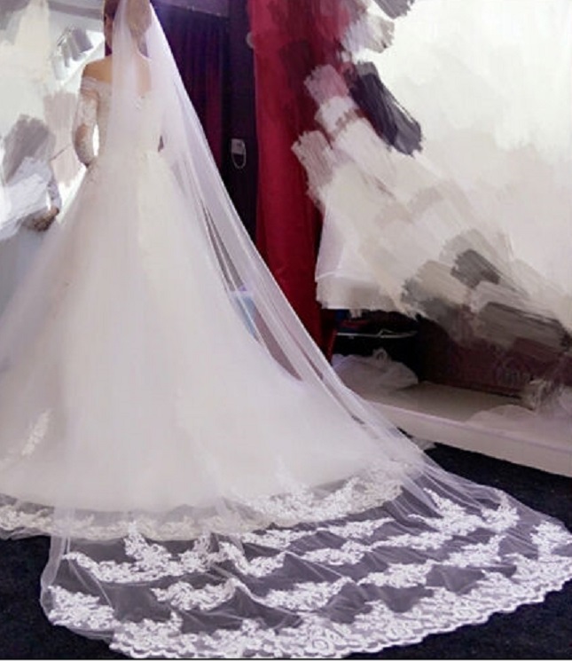 NEW Beautiful cathedral veil 1T 3meters Luxury Cathedral Veil NEW 1 Tier Pearls Wedding Bridal Veil  main image 4