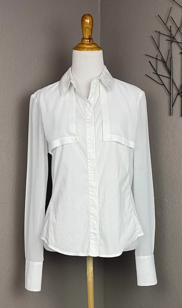 Karen Millen White Cotton Chiffon Sleeve Buttondown Shirt UK 12 US 8