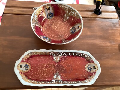 MAGHSOUD PORZELLAN NASER AL-DIN SHAH QAJAR rot & gold Porzellan Lge Schüssel & Tablett