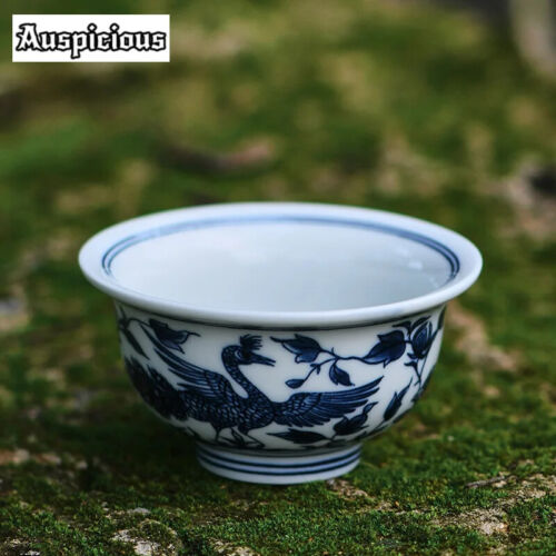 Flying Crane in Flower Ceramic Tea Cup Antique Blue and White Porcelain Press