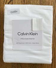 New CALVIN KLEIN Queen Size Sateen White 100 Cotton 300 Thread Sheet Set