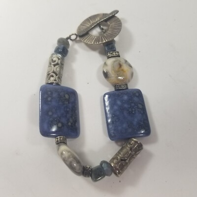 Vintage Boho Blue Wide Silver Tone Gray Stone Bead Bracelet Chunky