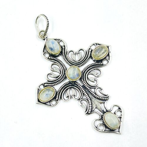 925 Sterling Silver Rainbow Moonstone Gemstone Handmade Jewelry Cross Pendant - 第 1/4 張圖片