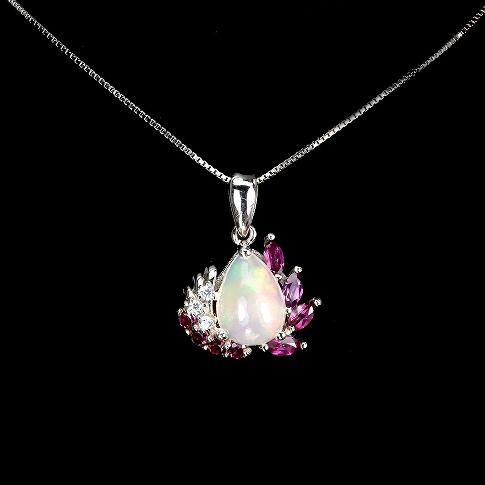 925 Sterling Silver Pear Fire Opal 10x7mm Gems Simulated Cz Necklace - Image 2 of 4