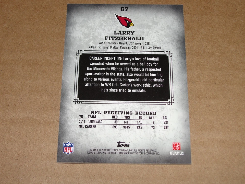 2012 Topps Inception LARRY FITZGERALD #67 Green SP/75 Arizona CARDINALS - Pitt - Image 2 of 2