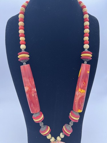 Statement Chunky Plastic & Beaded Red & Yellow Toned Necklace Artisan - Picture 3 of 6